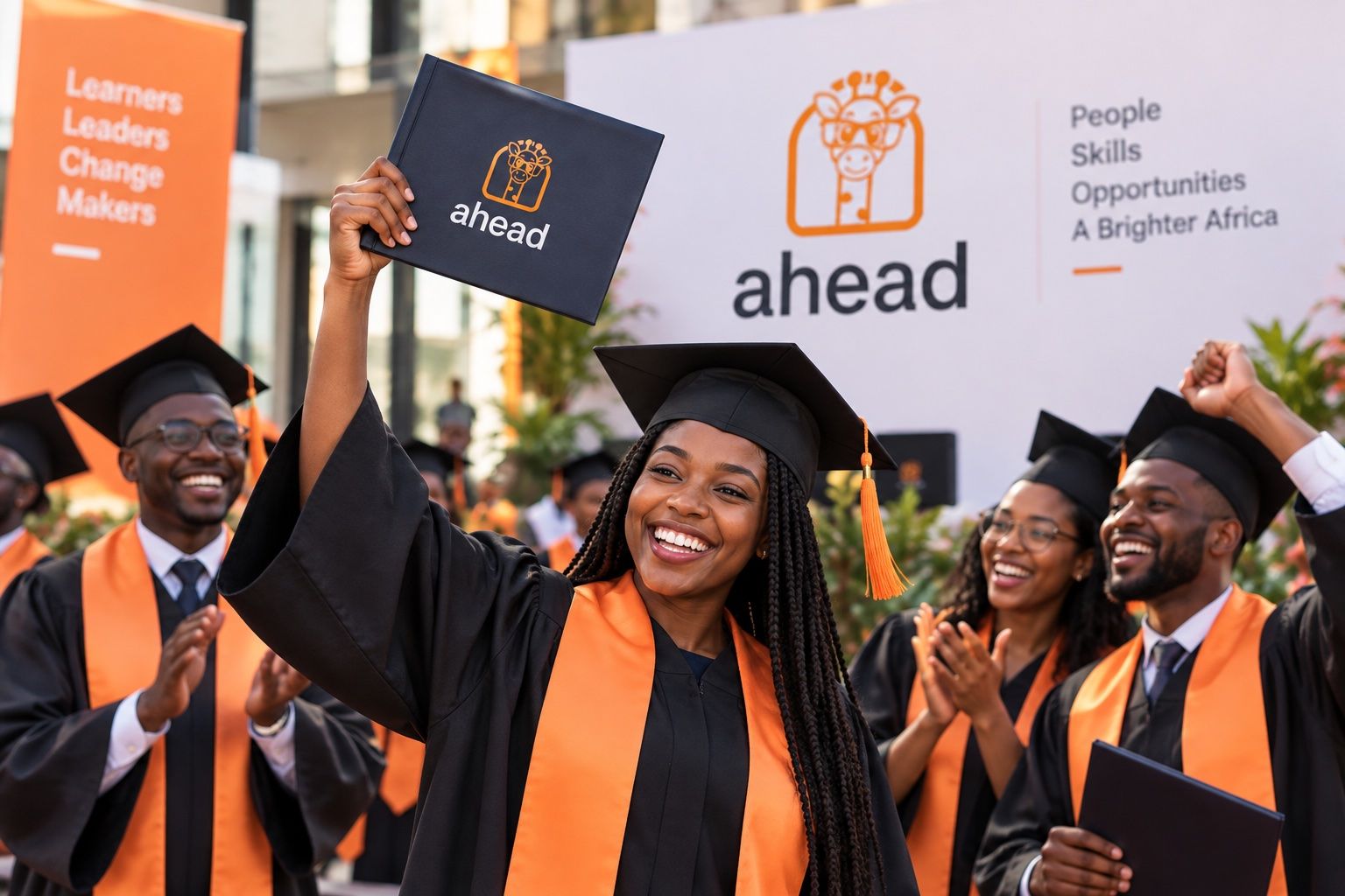 AHEAD graduates in caps and gowns with orange sashes, one holding up an AHEAD certificate folder, cheering in front of an AHEAD banner.
