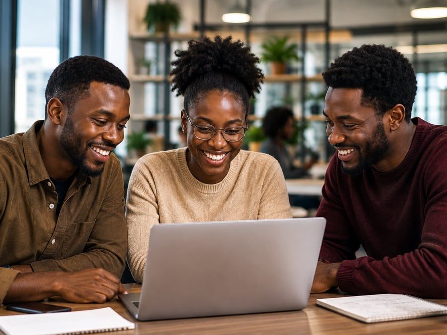 Three AHEAD learners at one desk, looking together at a shared laptop and smiling.