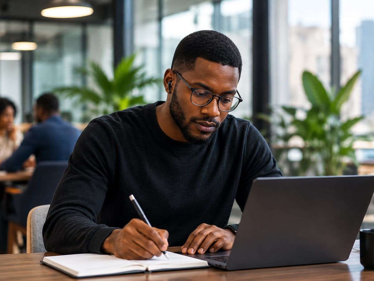 An AHEAD learner working at a laptop and taking notes by hand in an open notebook.
