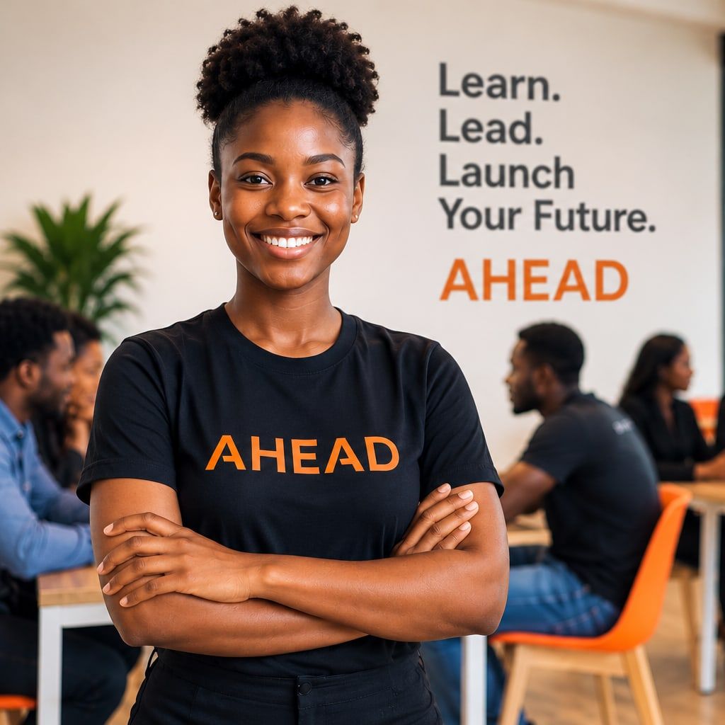 Une personne apprenante d’AHEAD, en T-shirt AHEAD, les bras croisés et souriante, dans un espace de travail partagé où des collègues travaillent à des bureaux en arrière-plan. Le mur affiche « Learn. Lead. Launch Your Future. AHEAD ».